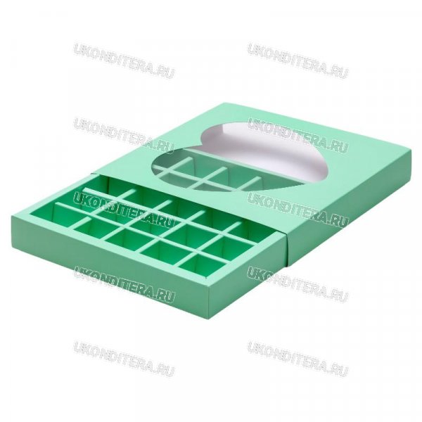 Коробка для 25 Конфет с Окном Сердце - Мятная 22х22х3,5см