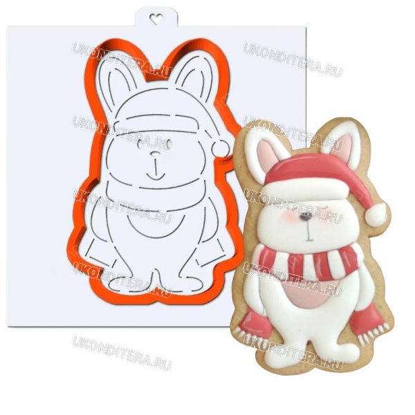 Вырубка с Трафаретом Lubimova - Зайчик новогодний в Шапочке и Шарфике